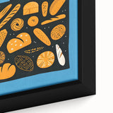 Extra large framed canvas of colorful pastries on a black background, textured, ideal for living room decor.