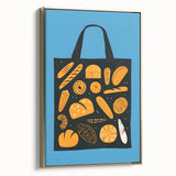 Framed canvas featuring a vintage poster of assorted pastries in muted gold and black tones, suitable for bedroom wall art.