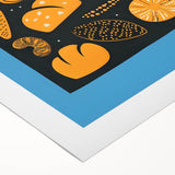 Art deco poster featuring assorted pastries in vibrant colors on a rolled canvas, suitable for dining room wall art.