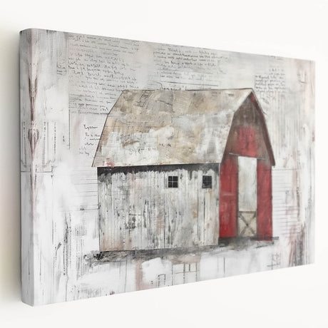 Stretched canvas wall art depicting a serene landscape with a rustic barn, featuring warm earth tones and detailed textures, perfect for home decor.