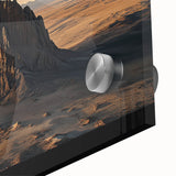 Close-up of a vibrant acrylic glass artwork depicting a desert landscape with sandy hues, showcasing intricate details and textures for a striking aesthetic.
