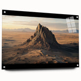 Acrylic glass artwork depicting a serene desert landscape, showcasing vibrant orange and yellow hues, framed with decorative pins for a modern touch. Ideal for enhancing contemporary home decor.