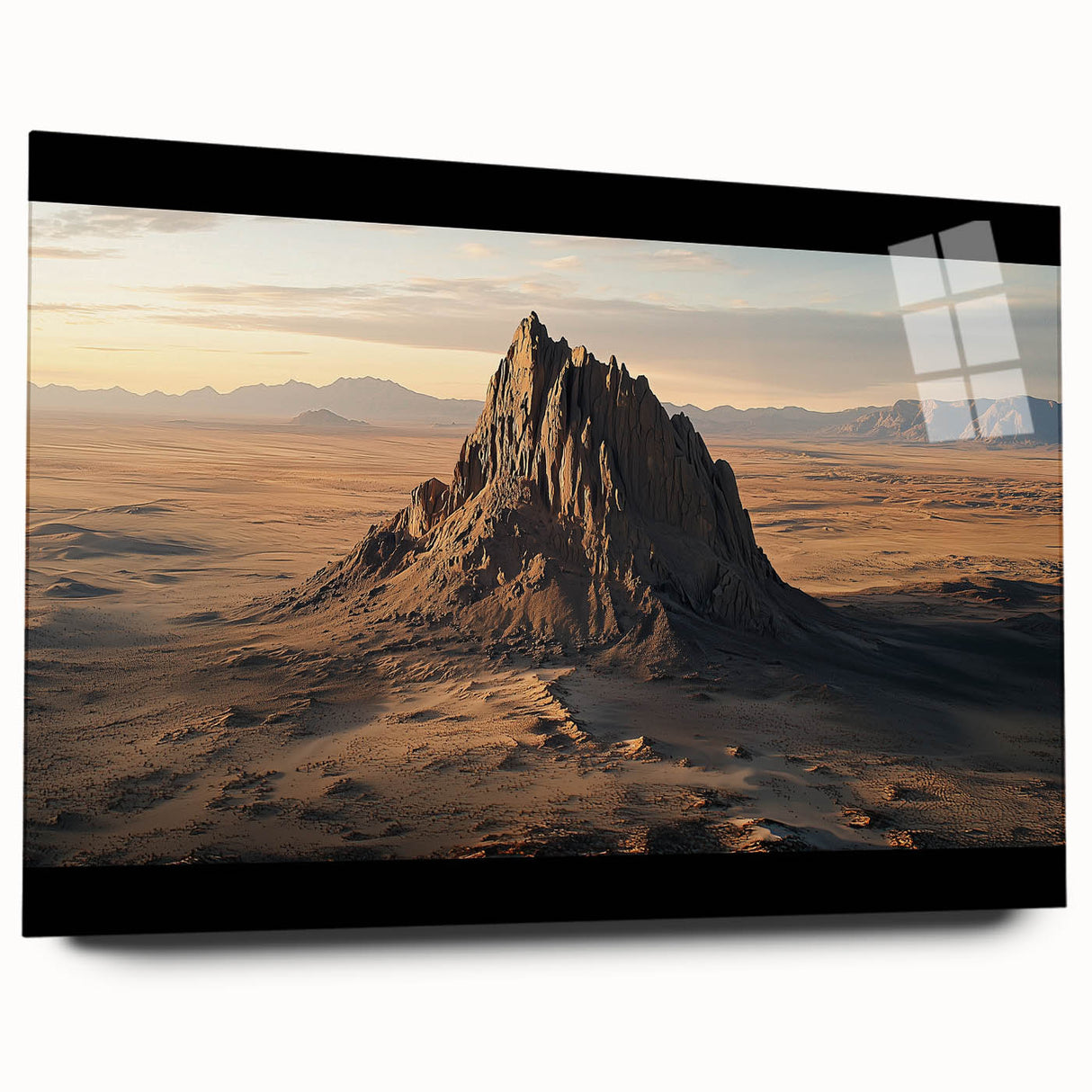 Desert landscape artwork printed on acrylic glass, showcasing vibrant colors and intricate details, designed for modern home decor with a sleek side view.