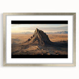 Desert landscape framed artwork in a silver mat frame, showcasing warm hues of orange and gold, perfect for enhancing modern home decor.