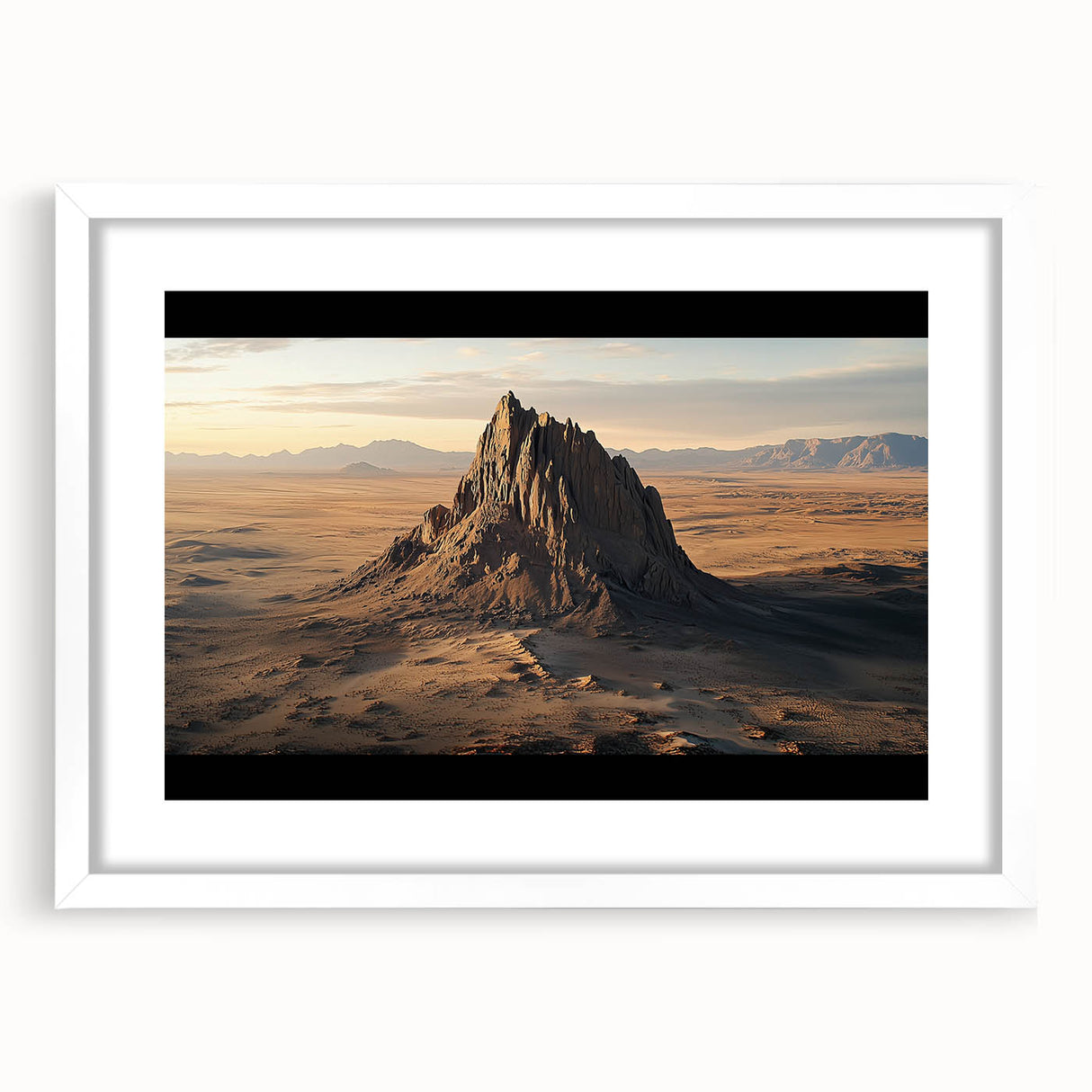Desert landscape framed artwork showcasing warm hues of orange and beige, set in a sleek white mat and frame, perfect for enhancing home decor.