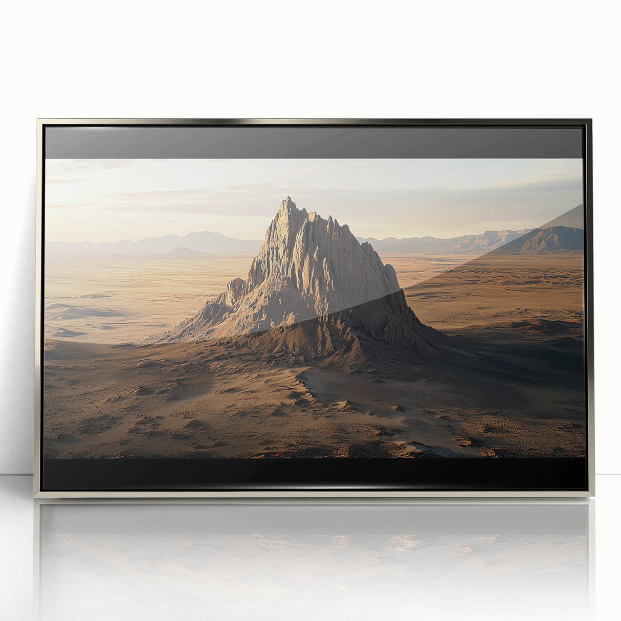 Framed acrylic artwork depicting a serene desert landscape with vibrant colors, featuring golden sand dunes and a clear blue sky, ideal for modern home decor.
