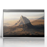 Framed acrylic artwork depicting a vibrant desert landscape with warm earthy tones, set in a sleek white frame, ideal for modern home decor.