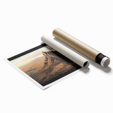 Desert landscape rolled canvas print showcasing vibrant orange and yellow hues, capturing a serene sunset over vast dunes, ideal for home decor or art collectors.