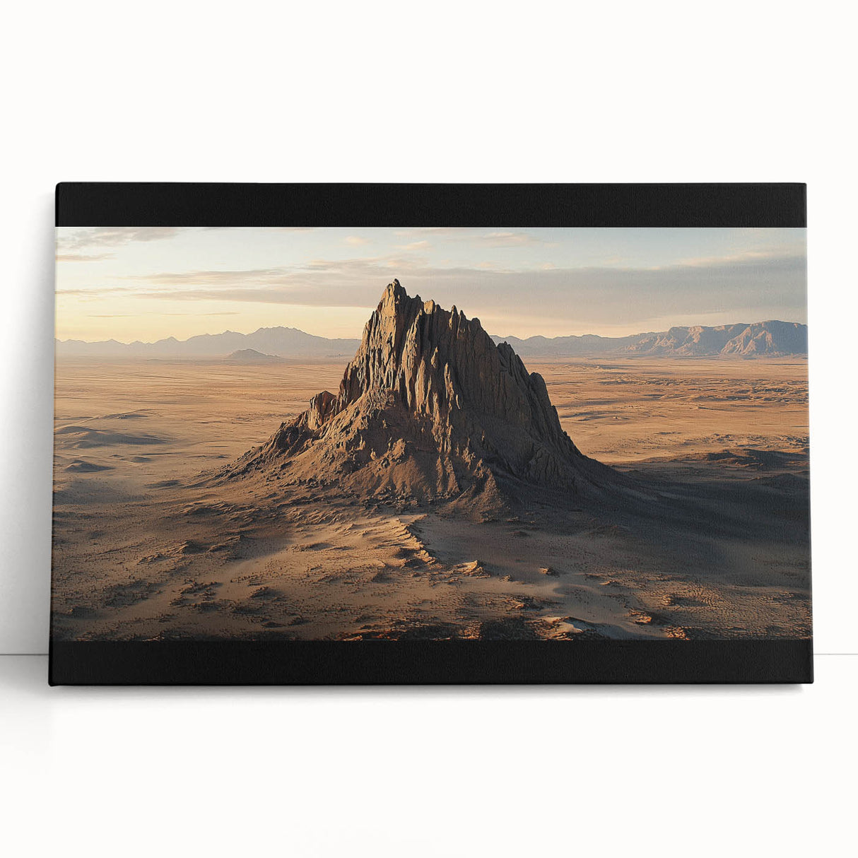 Stretched canvas artwork depicting a serene desert landscape, featuring warm tones of orange and brown, ideal for home decor or art enthusiasts seeking nature-inspired designs.