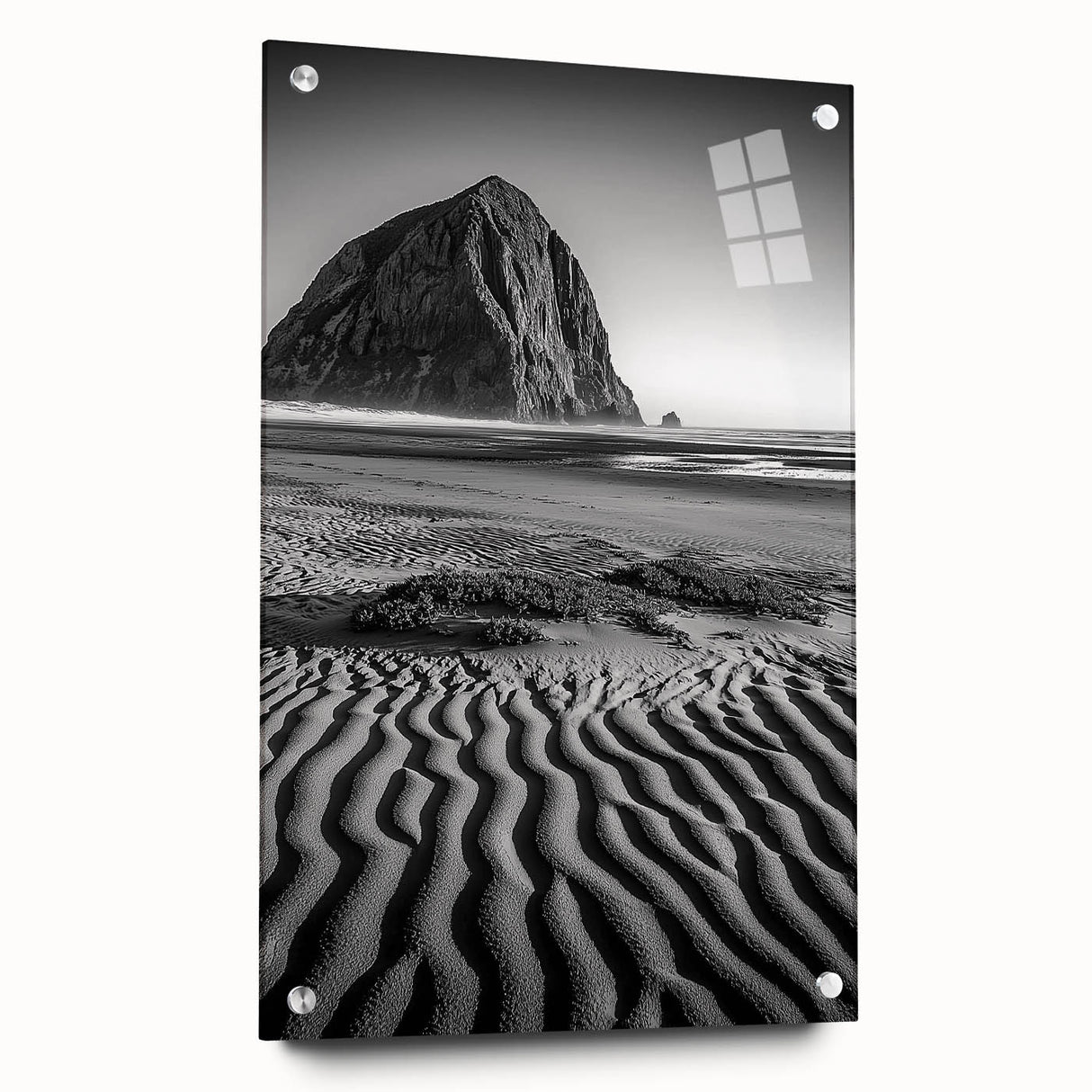 Acrylic artwork showcasing a serene landscape of rolling dunes, displayed from the side with clear pins for mounting. The vibrant colors highlight the natural beauty of the scene. Perfect for modern home decor.
