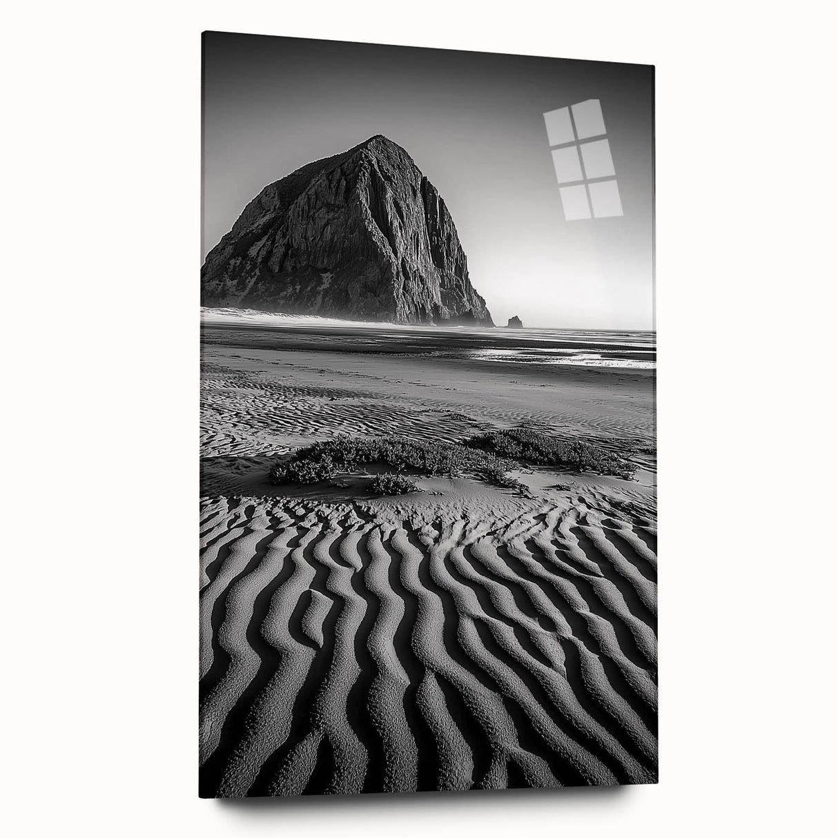 Acrylic glass artwork showcasing a stunning desert landscape with rolling dunes, highlighting soft beige and golden hues, perfect for modern home decor.