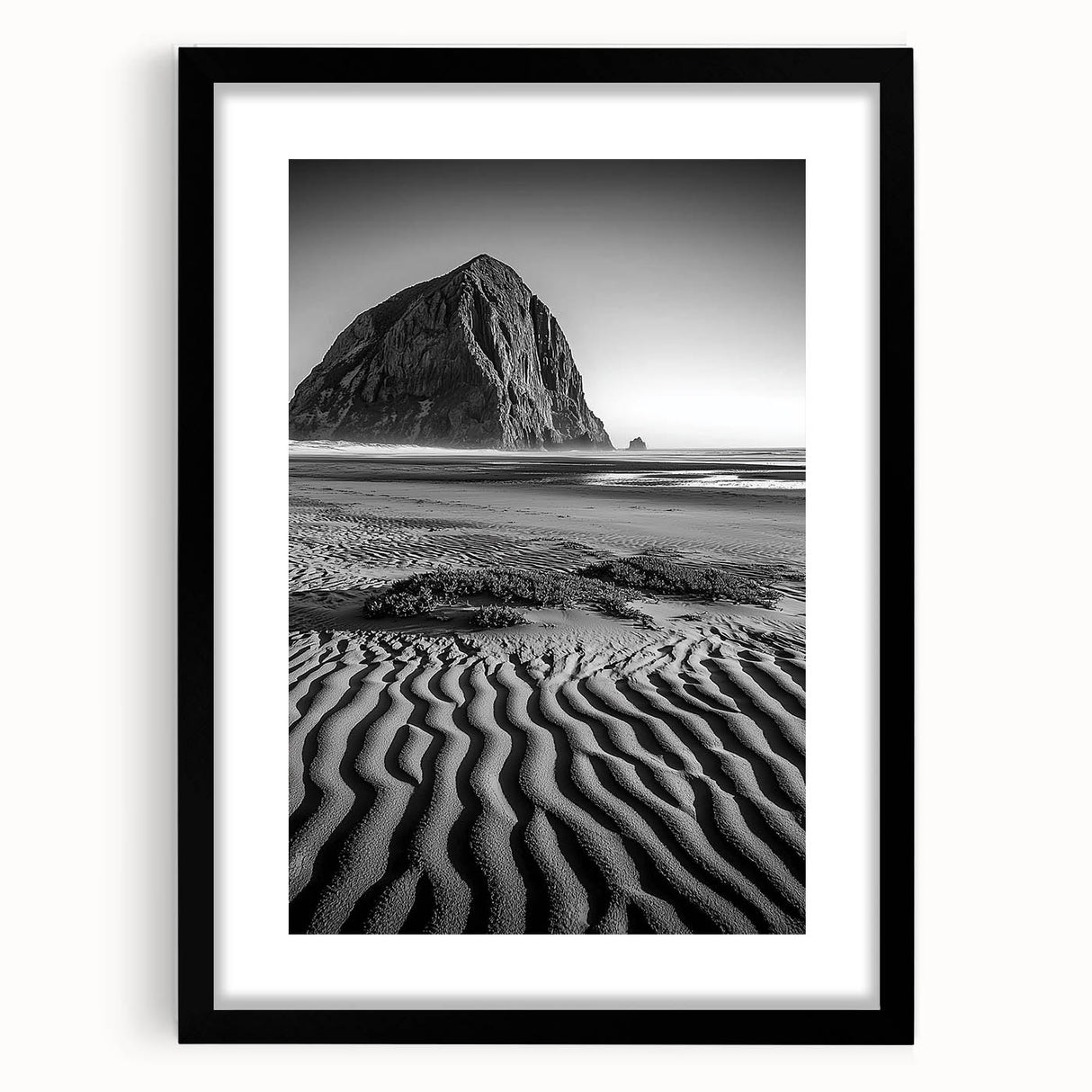 Framed landscape art print showcasing serene sand dunes in warm tones, set in a sleek black frame with a white mat, perfect for modern home decor.