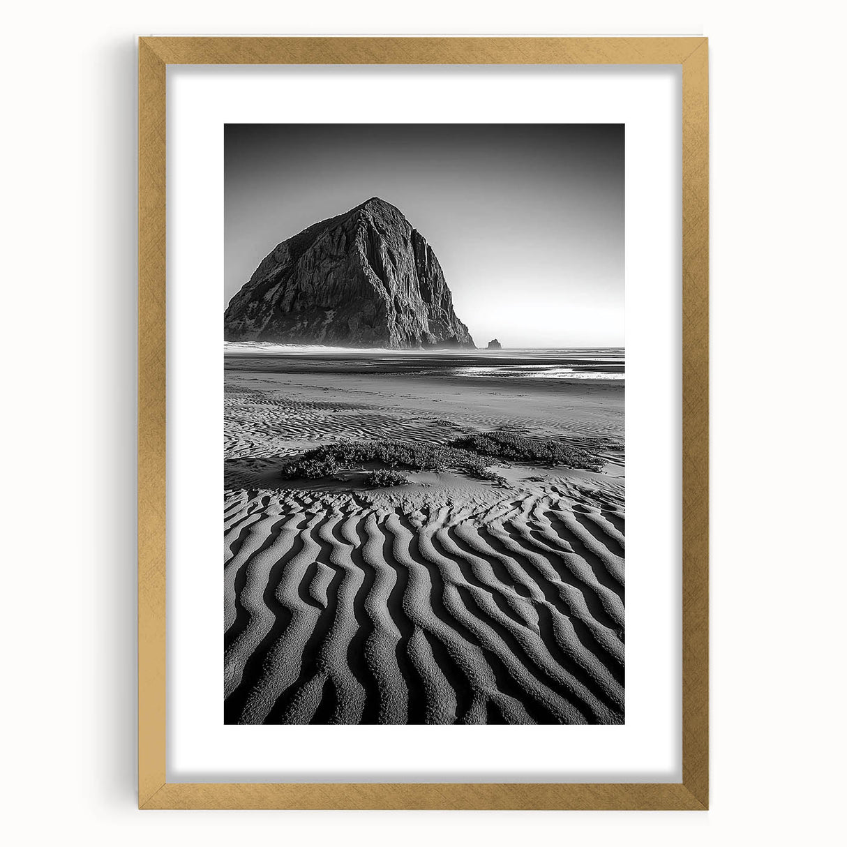Framed landscape art print showcasing golden sand dunes at sunset, featuring a stylish mat and elegant gold frame, perfect for home decor enhancement.