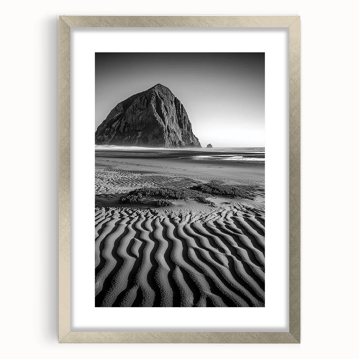 Framed landscape artwork showcasing serene sand dunes under a bright blue sky, with a sleek silver frame and white matting, perfect for modern home decor.