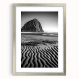 Framed landscape artwork showcasing serene sand dunes under a bright blue sky, with a sleek silver frame and white matting, perfect for modern home decor.
