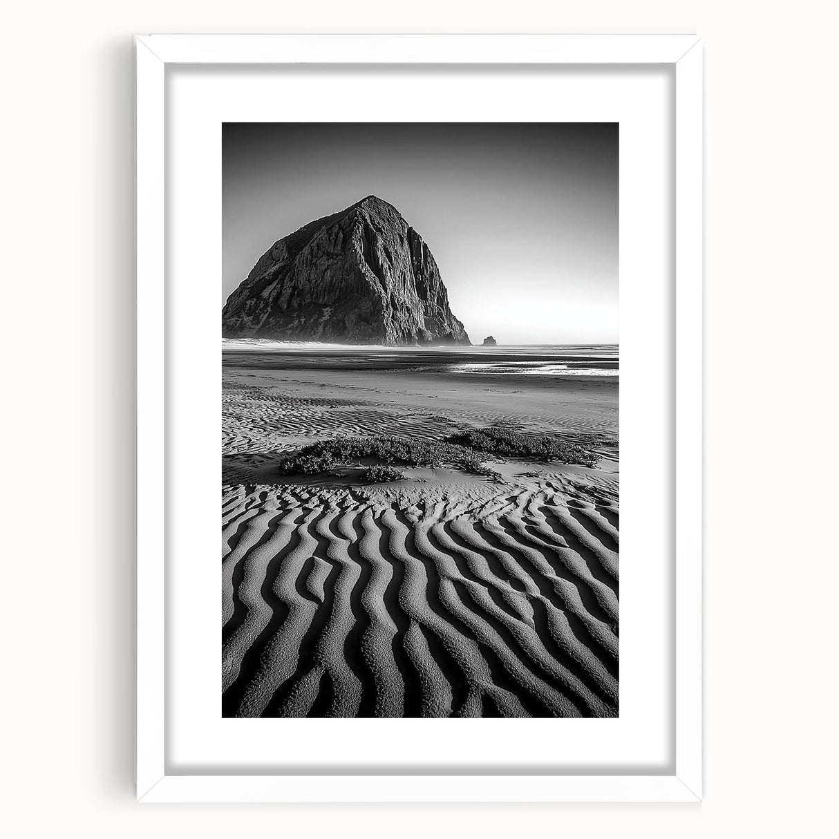 Framed landscape art print showcasing serene sand dunes under a clear blue sky, featuring a white mat and sleek frame, perfect for home or office decor.