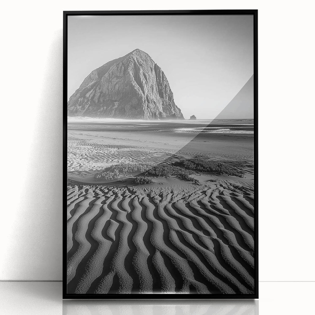 Framed acrylic art piece showcasing a stunning landscape of sand dunes, featuring soft beige and golden hues, perfect for modern home decor.