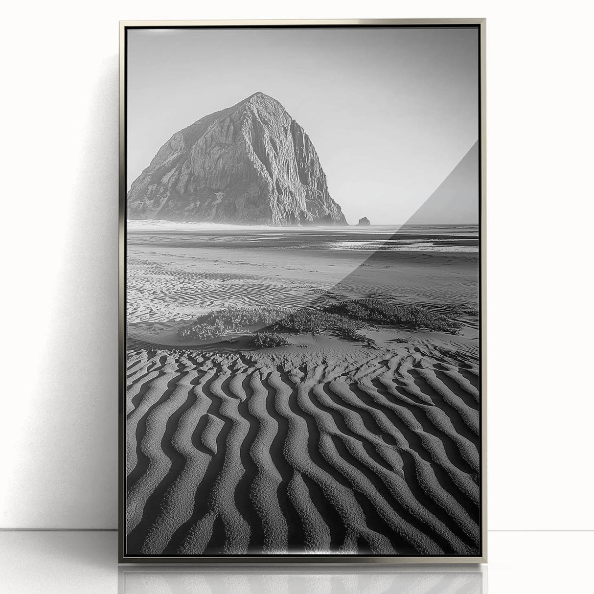 Framed acrylic artwork depicting serene desert dunes with a silver frame, showcasing soft beige and golden hues, perfect for modern home decor.