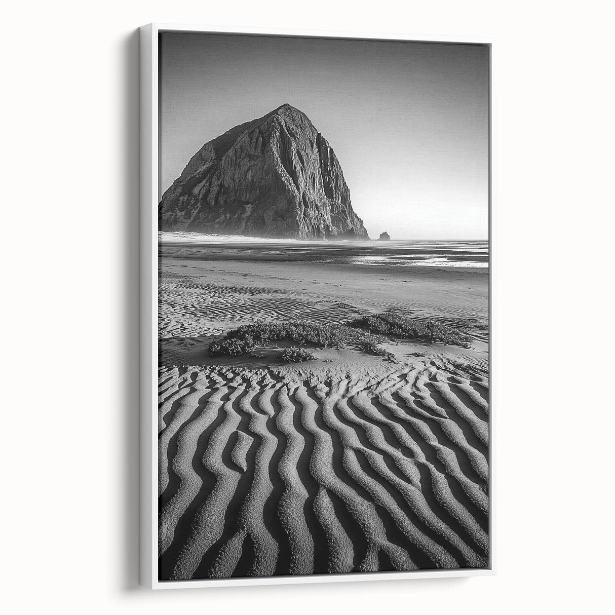 Framed canvas artwork showcasing serene desert dunes in soft beige and golden hues, ideal for modern home decor. Side view highlights the sleek white frame, enhancing the landscape's natural beauty. Perfect for adding a touch of tranquility to any room.