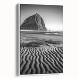 Framed canvas artwork showcasing serene desert dunes in soft beige and golden hues, ideal for modern home decor. Side view highlights the sleek white frame, enhancing the landscape's natural beauty. Perfect for adding a touch of tranquility to any room.