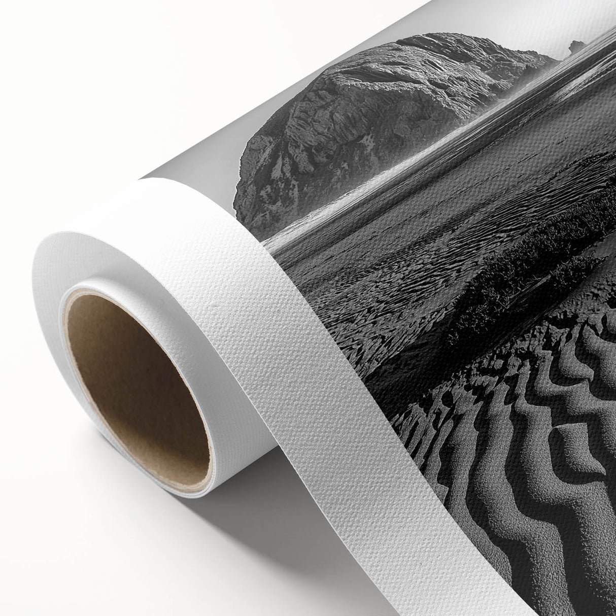 Rolled canvas showcasing a stunning desert landscape featuring golden dunes and a vibrant sunset, designed for wall art decor, elegantly packed in a protective tube.