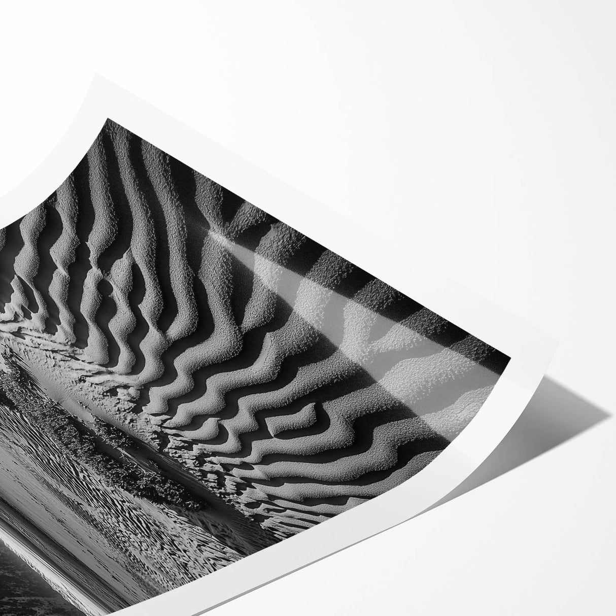 Desert landscape rolled print showcasing golden dunes under a vibrant blue sky, beautifully textured for depth, perfect for home decor and artistic displays.