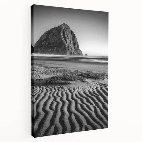 Stretched canvas artwork depicting serene desert dunes at sunset, showcasing warm orange and golden hues, perfect for contemporary home decor.