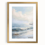 Elegant gold-framed landscape art piece featuring a serene nature scene, complete with a white mat for enhanced display. Ideal for home decor and interior design.