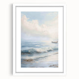 White-framed landscape artwork with a textured mat, showcasing serene natural scenery in vibrant colors. Ideal for home decor and art enthusiasts.