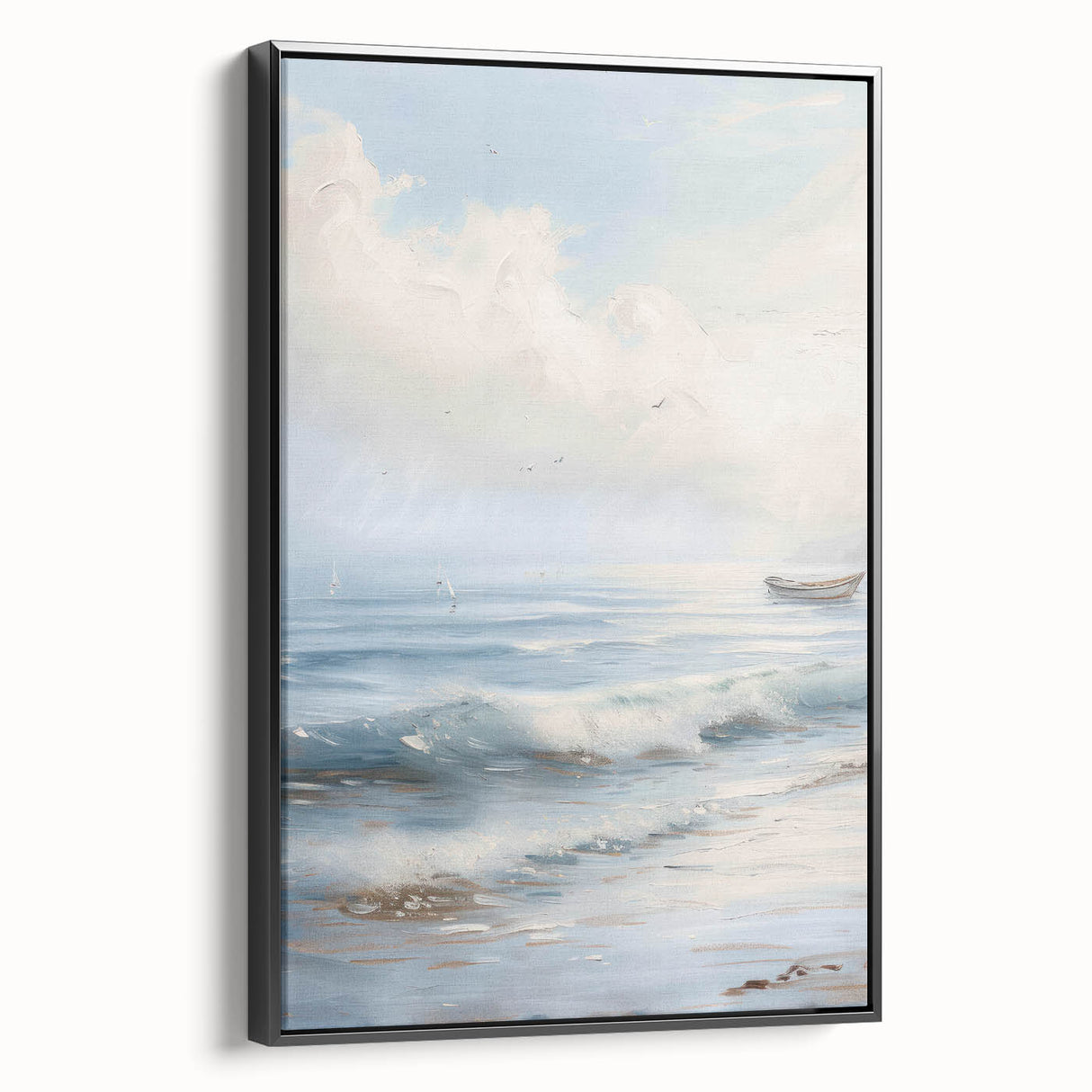 Framed black canvas showcasing a serene landscape design with vibrant colors and intricate details, perfect for enhancing modern home decor.