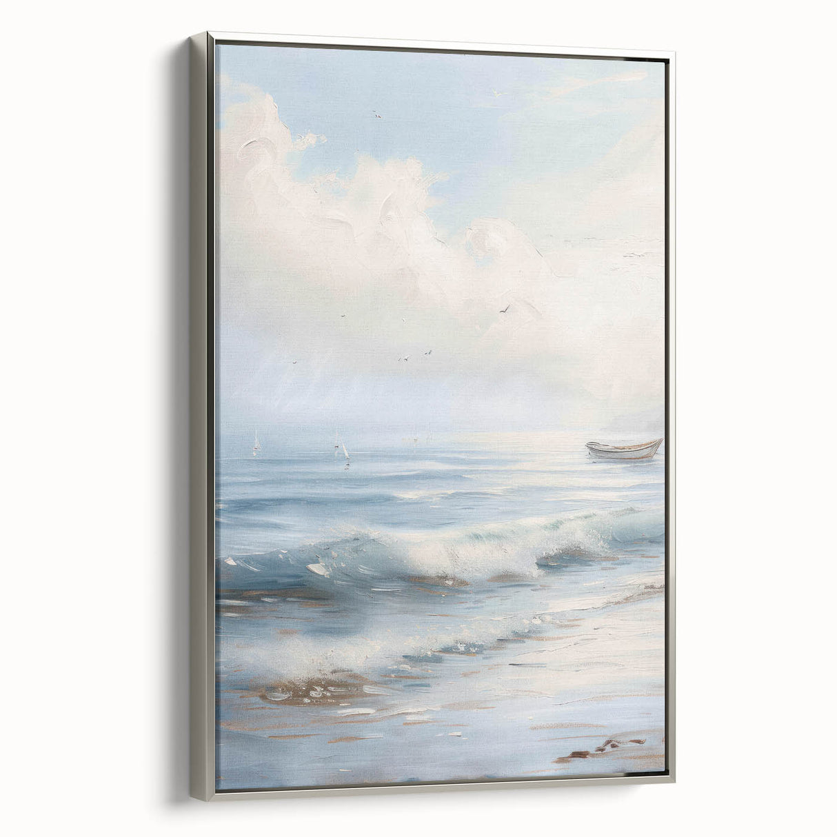 Framed canvas artwork showcasing a vibrant landscape design in rich colors, elegantly bordered with a sleek silver frame, perfect for enhancing modern home decor.