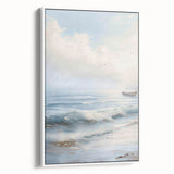 Framed canvas artwork showcasing a serene landscape scene with vibrant colors, mounted in a sleek white frame, ideal for enhancing modern home decor.
