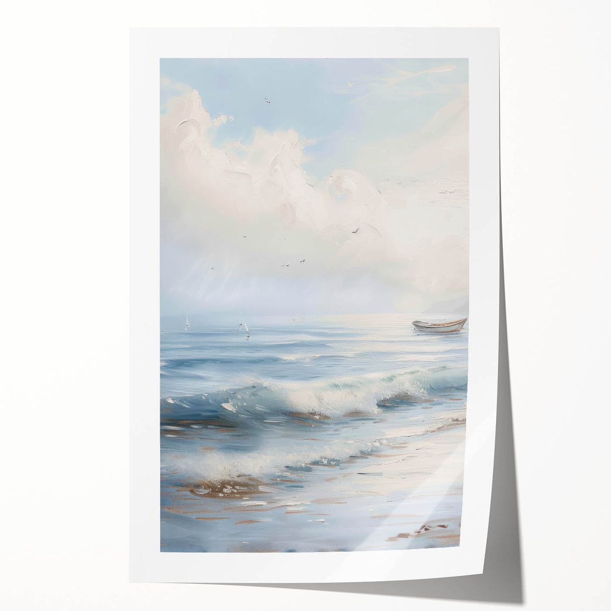 Rolled print showcasing a serene landscape design with vibrant colors and intricate details, elegantly packaged in a protective cardboard tube for easy display.