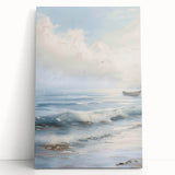 Stretched canvas artwork showcasing a vibrant landscape design with rich colors, elegantly leaning against a wall, perfect for home decor and artistic ambiance.