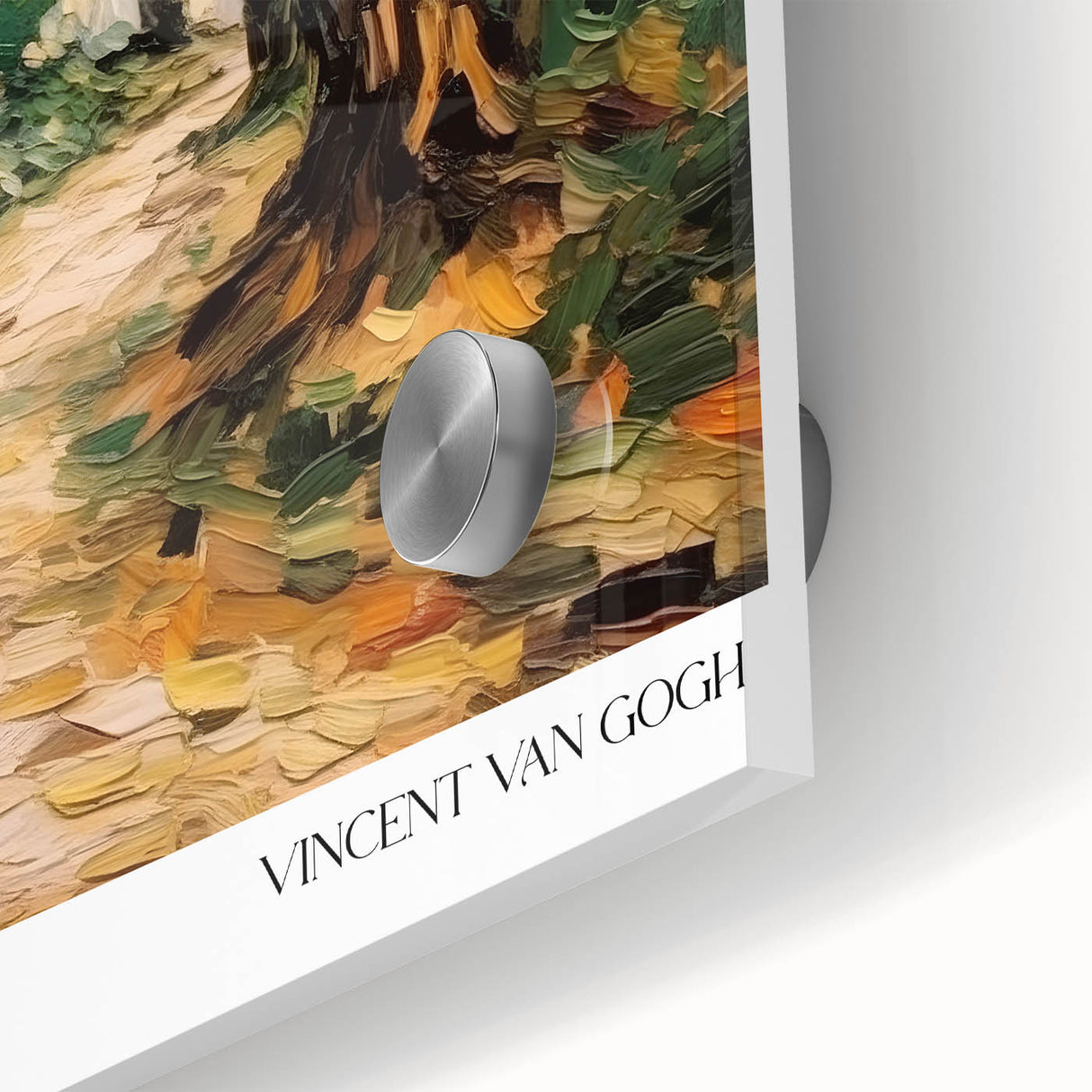 Large abstract wall art print by Van Gogh in vibrant blues and yellows on acrylic glass, ideal for dining room ambiance.
