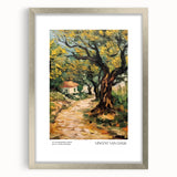 Textured abstract art print of a swirling sky in blues and yellows on a silver-framed canvas, suitable for bedroom decor.