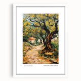 Abstract art print of a Van Gogh impressionist style on a white framed canvas, featuring vivid blue and yellow tones.