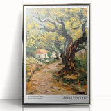 Impressionist-style painting depicting a vibrant, multicolored landscape on a silver-framed acrylic.