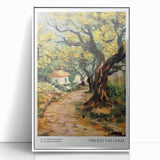 Acrylic print of Van Gogh-inspired impressionist painting in vibrant colors, framed in white.