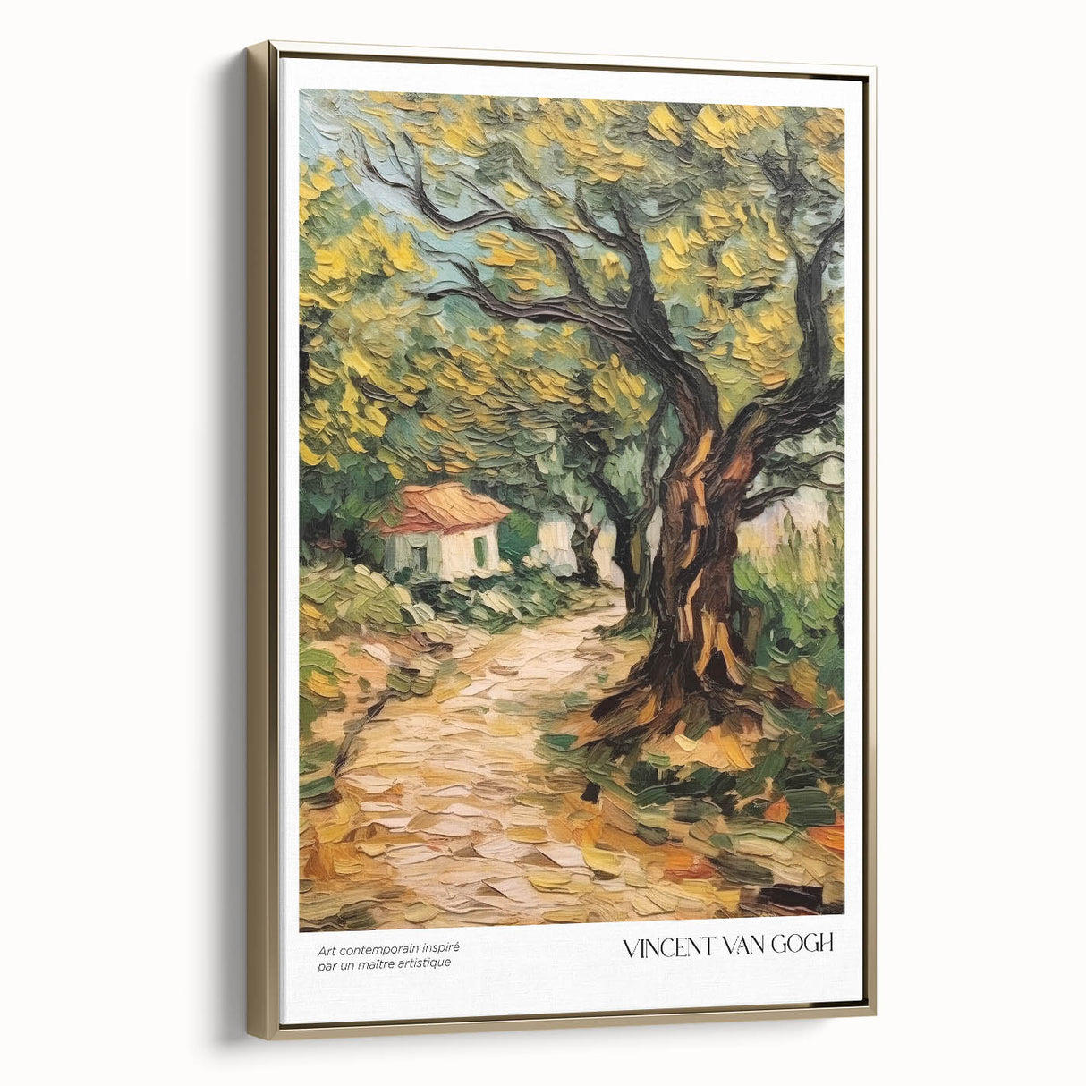 Impressionist landscape painting on framed canvas, featuring a golden wheat field under a blue sky.