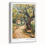Vintage poster art of Van Gogh's impressionistic style on a framed canvas, featuring vibrant colors.