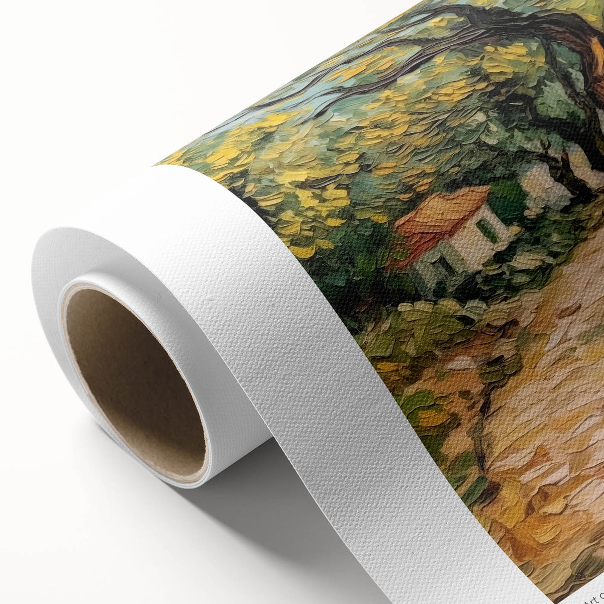 Impressionist-style painting of a starry night with swirling blue and yellow hues on rolled canvas.