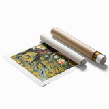 Impressionist floral artwork by Van Gogh on a large rolled canvas, featuring vibrant blues and yellows.