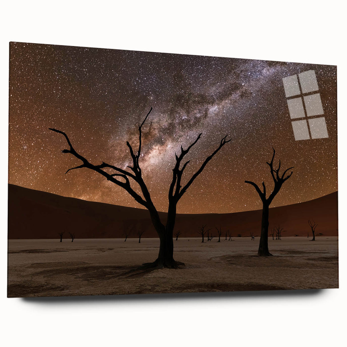 Large abstract wall art of Namibian scenery in muted earth tones on acrylic glass, suitable for bedroom or dining room decor.