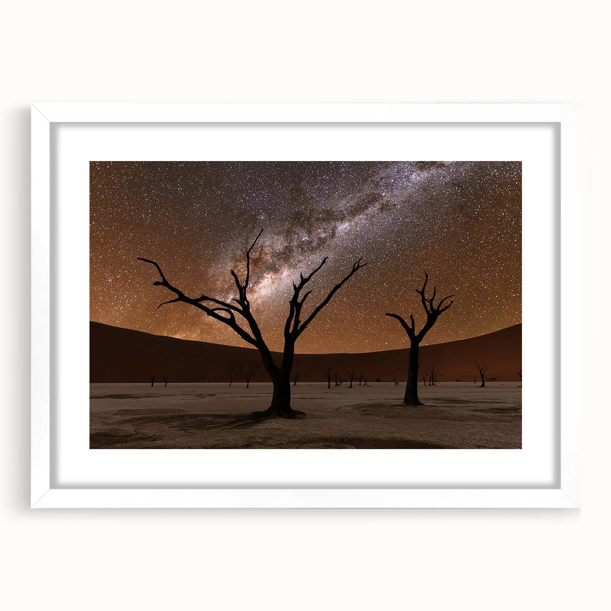 Extra large wall art featuring abstract textured scenery of Namibia in a white frame, suited for living room decor.