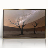 Mid-century modernist art depicting an African savannah scene in muted earth tones on a framed acrylic panel.