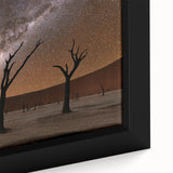 Extra large framed canvas featuring a textured depiction of a Namibian landscape in black with colorful art accents.