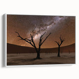 Framed canvas of a vintage-style landscape painting depicting Namibian scenery in muted earth tones.