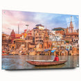 Large abstract wall art on acrylic glass depicting a vibrant, colorful Indian scenery.