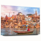 Large abstract wall art on acrylic glass depicting a vibrant, colorful Indian scenery.